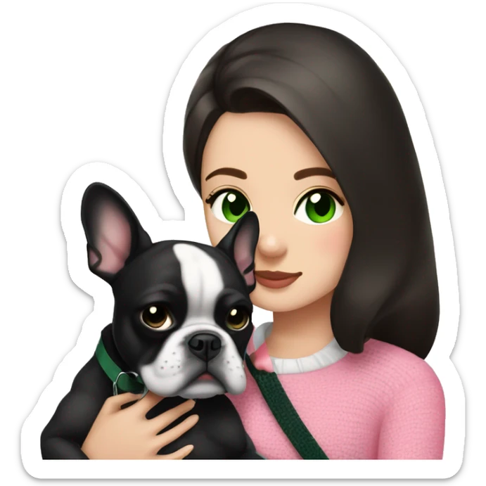 Brunette with dark green eyes in black sweater cuddling with her black and white french bulldog and pink harness sticker