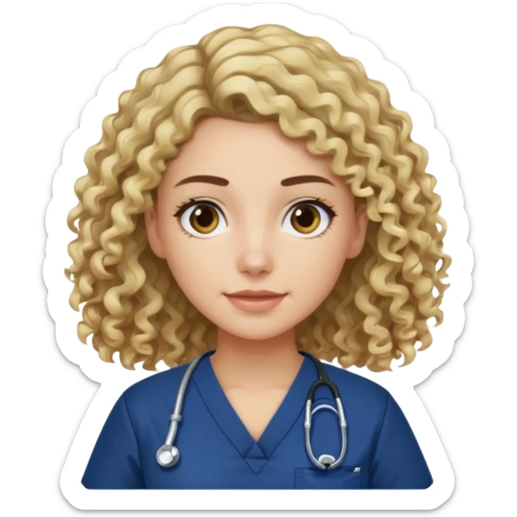 Longer curly drk brown hair with blonde highlights and a navy blue scrub top sticker