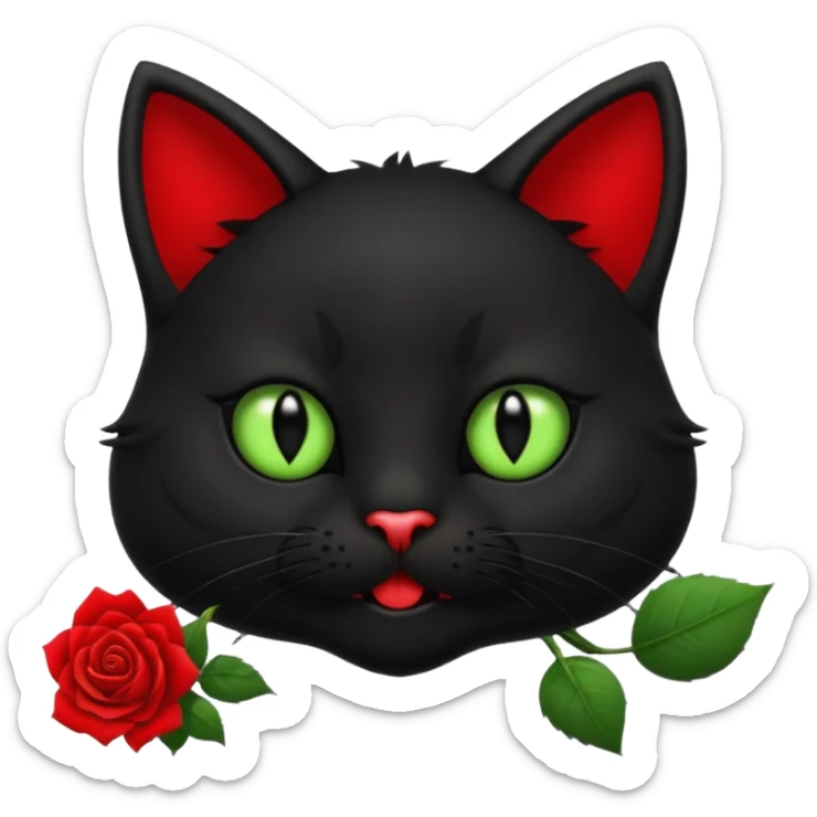 Cute emoji-style black cat holding a red rose in its mouth, big round eyes with light green sclera and black pupils, fluffy fur, clean mascot style, centered, soft beige background, 1:1 ratio. sticker