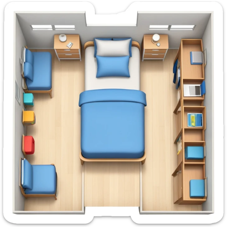 top-down view of teenage bedroom layout with bed, desk, closet, and storage sticker
