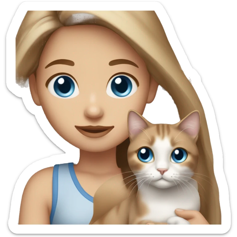 Girl with blue eyes and long light brown hair holding dilute calico cat sticker