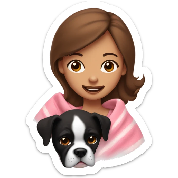 a woman with brown eyes and brown hair is cradling her puppy in a pink baby blanket. the puppy is looking at her lovingly and is a chubby black and white boxer dog. the woman is smiling with mouth ajar sticker