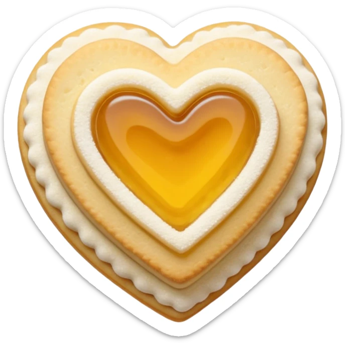 Realistic shortbread cookie in the shape of a heart with pale yellow jelly middle filling and sprinkled powder sugar on top. sticker
