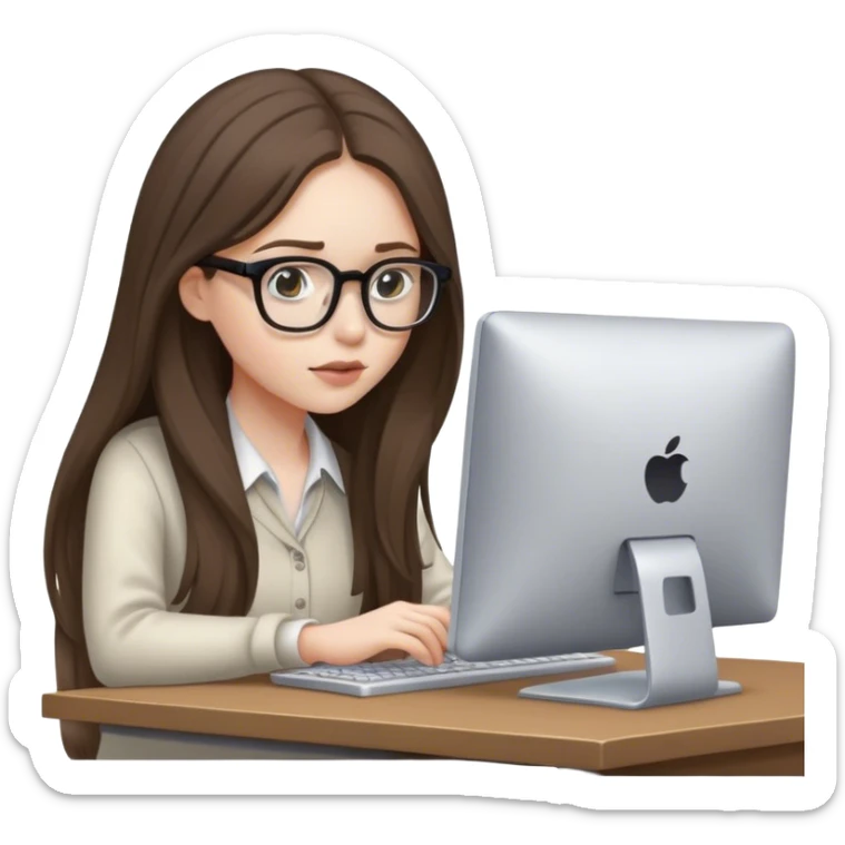 pale brunette girl with long hair wearing glasses working on computer eyes down sticker