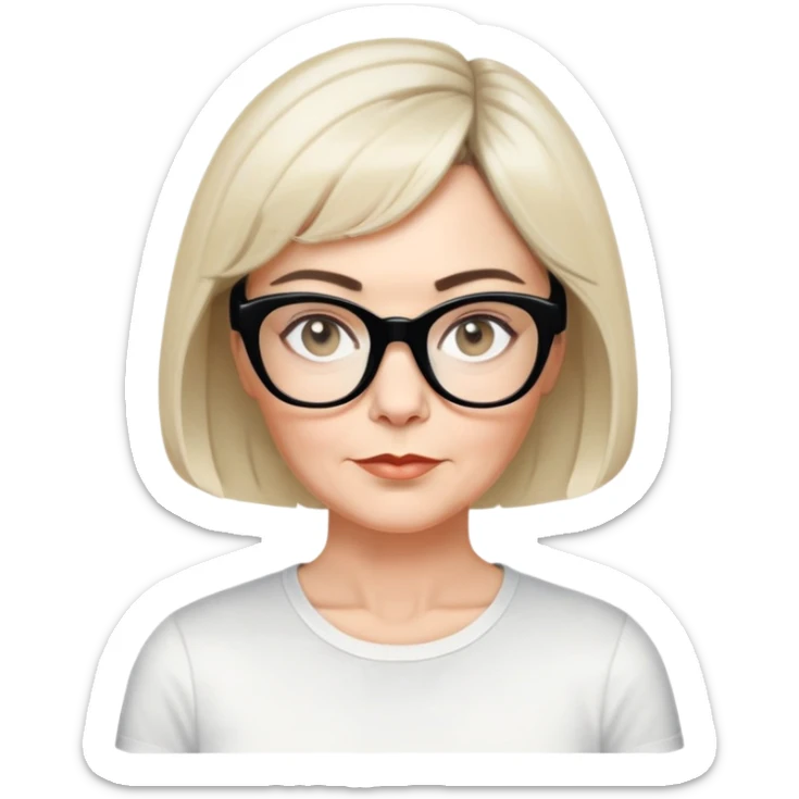 white woman, about 50 years old, light warm skin, short black bob haircut with slight waves at ends, neutral-determined expression, large black shiny butterfly or cat-eye glasses, white casual t-shirt, calm and creative energy sticker