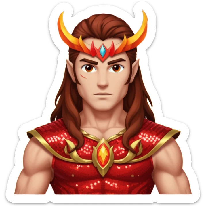 Vulcan, God of Fire from Gods and Goddesses with long brown hair, fiery red sequin outfit sticker