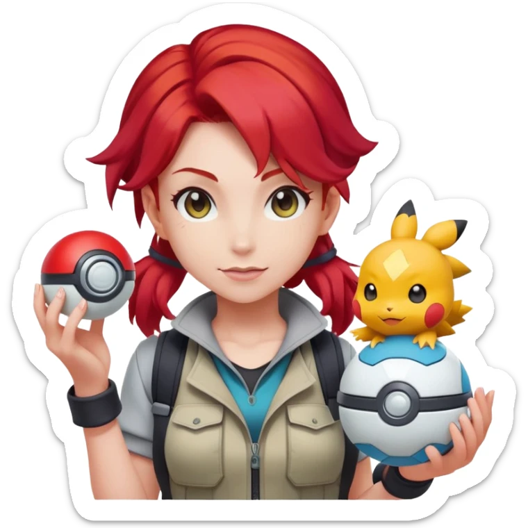 female pokemon trainer with bright red hair, pokeball, adventure outfit sticker