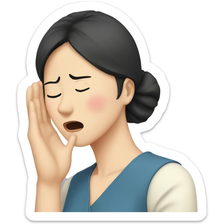 Headache, middle-aged Korean woman in her 40s, with only one hand on her head, painful face, black hair sticker