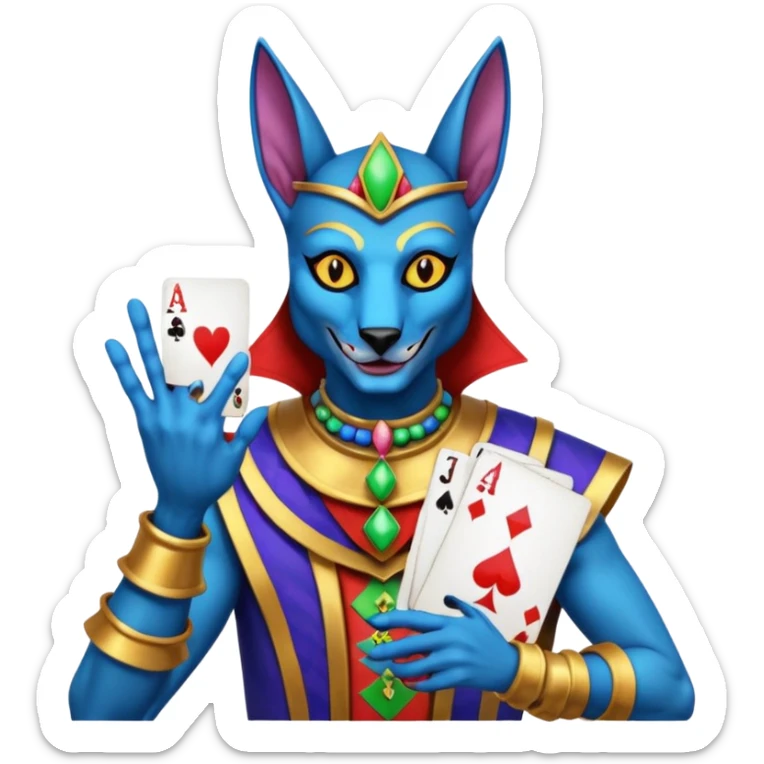 crazy colorful anubi jolly joker from poker, medieval, vintage, court jester, mac os icon, blue color, holds a single poker card on the right paw sticker