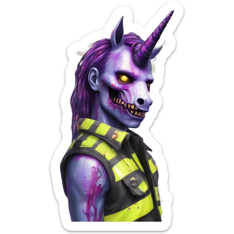.Zombie_ Vaporwave black holographic oilslick zombie unicorn yellow caution tape sticker