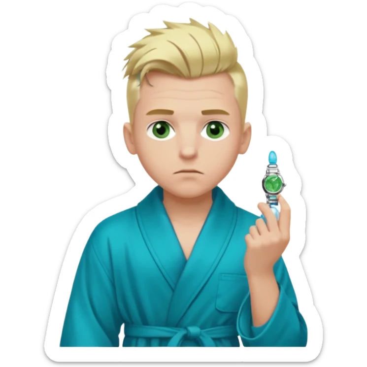 A white man with green eyes, medium-length blond hair in a low mohawk, wearing a blue Cartier watch on his wrist and a luxurious black and white bathrobe, appearing to be about 14 years old, with messy hair and a white pacifier in his mouth. sticker