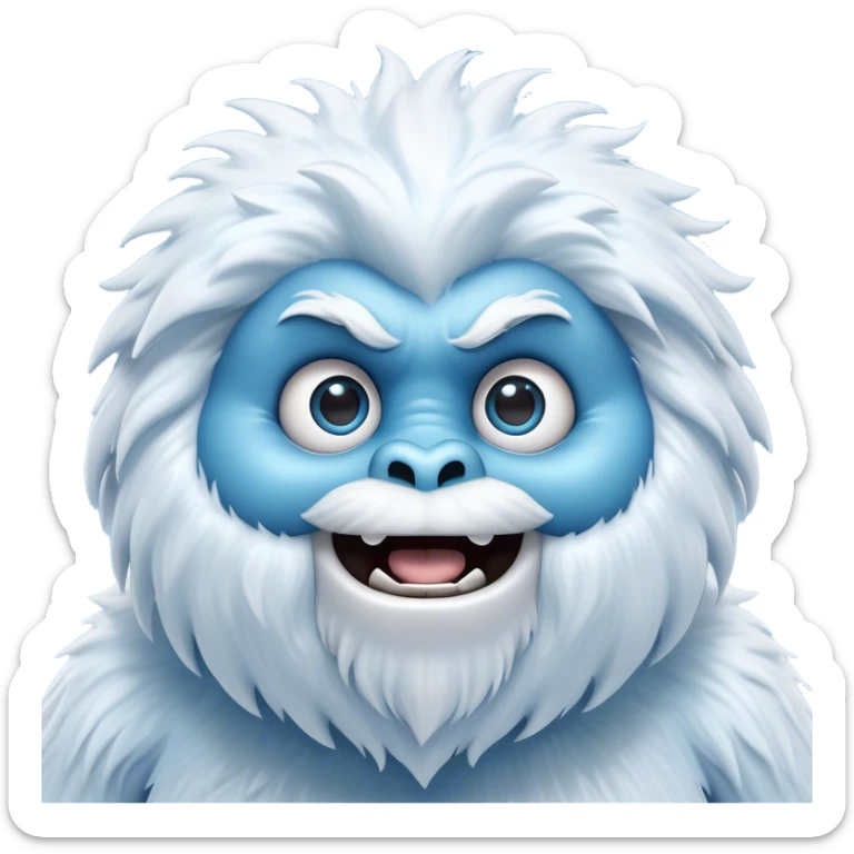 Cinematic Comical Yeti Portrait Emoji, with a cartoonishly exaggerated, fluffy figure in cool, frosty whites and icy blues, head tilted in an overly surprised expression with wide, comically sparkling eyes and a quirky, open-mouthed grin, simplified yet hilariously detailed, glowing with a soft frosty outline capturing the meme-worthy fun of a yeti in playful shock! sticker