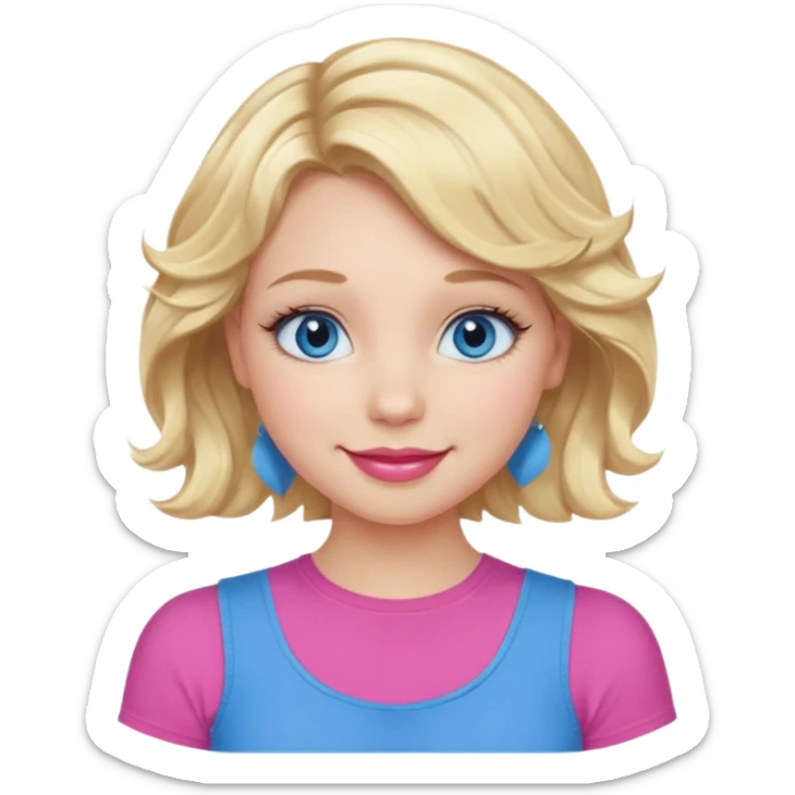 Girl Blonde short wavy hair,  blue eyes, cute blue top, long lashes, pink lips, smiling, 👍🏻 sticker