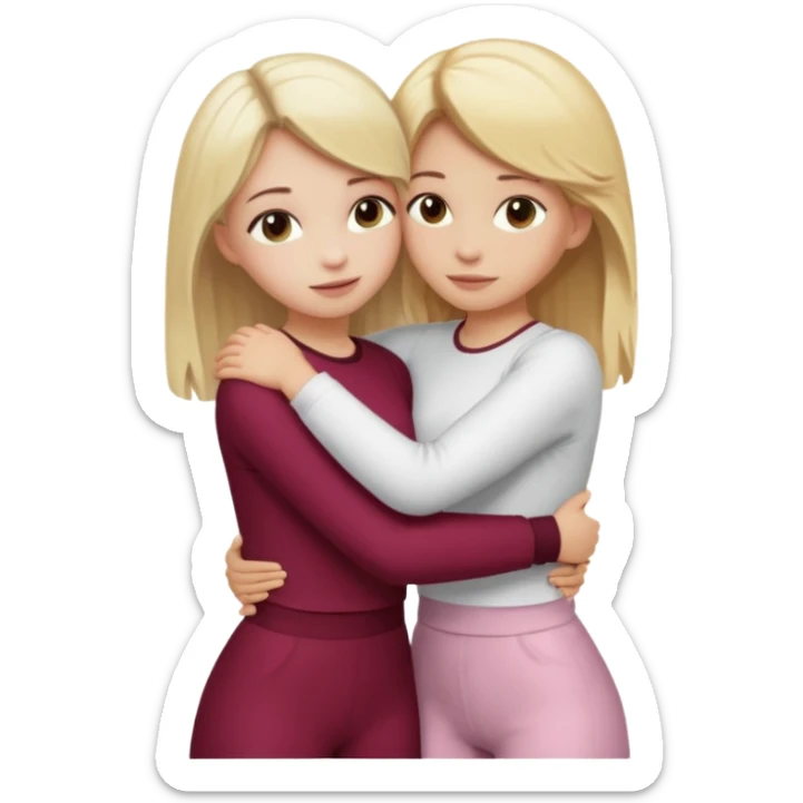 two girls who hug eachother. one has medium blonde hair with blonde highlights and very pale skin , other has medium skintone and blush and blonde hair. girl with medium blonde hair is wearing a white outfit and girl with blonde hair is wearing a burgundy outfit sticker
