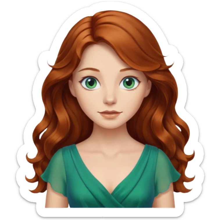 Long wavy Auburn hair woman blue eyes wearing green dress sticker