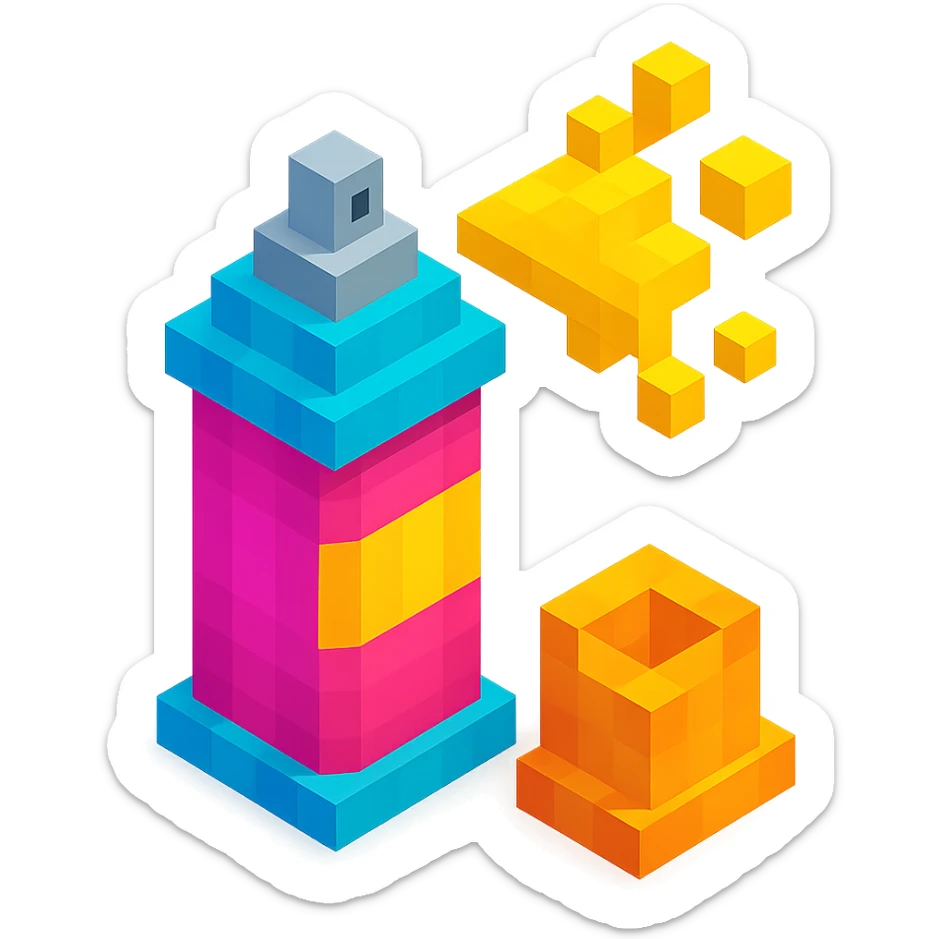 voxel style spray paint can with gold paint, cap off, isometric view sticker