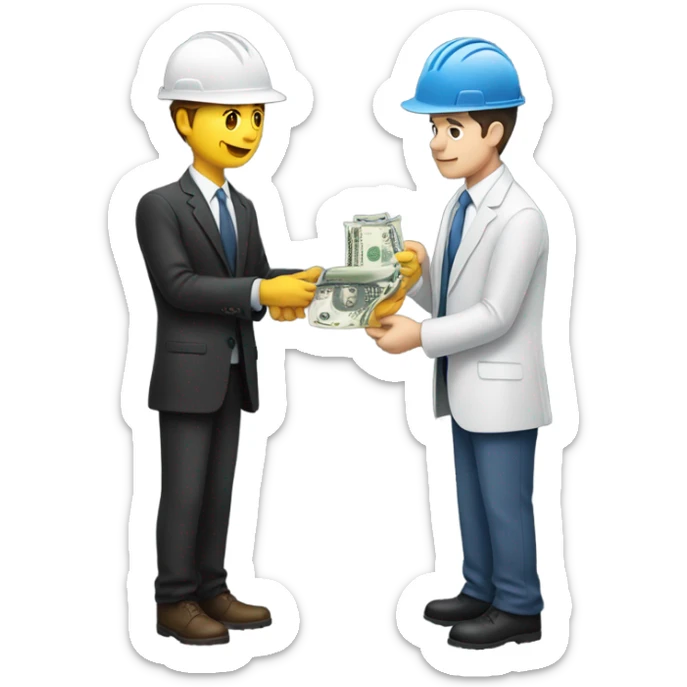 A guy in a suit receiving money from a guy on the ground, but the guy on the ground is a construction worker, both people have white skin sticker