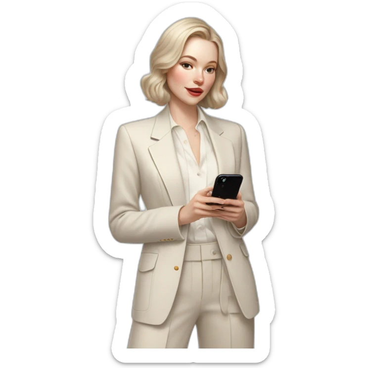 pale skin woman with ash blonde Straightened bob Hair, White Spacious classical jacket, beige palazzo Arrow pants and gray blouse holding white IPhone 15 pro in the hands sticker