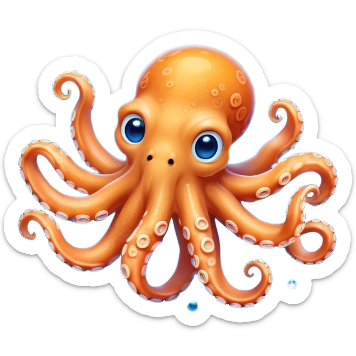 Cinematic Cute smiling Octopus Portrait Emoji, Head tilted playfully and inquisitively, featuring a rounded, light orange body embellished with playful blue rings, eight adorably curling arms, and big, twinkling eyes full of wonder, Simplified yet irresistibly adorable features, highly detailed, glowing with a warm, inviting underwater glow, high shine, affectionate and lively, stylized with a touch of whimsical cartoon charm, soft glowing outline, capturing the essence of a mischievous yet loving octopus that seems as if it could bob out of the screen into your arms! sticker