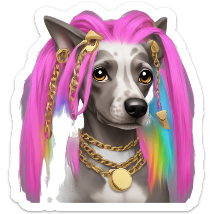 Punk Chinese crested dog neon rainbow hair gold chain punk piercings tattoos punk ear piercings sticker