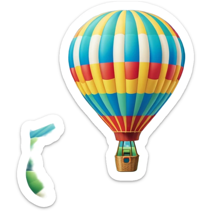 A colorful hot air balloon floating gracefully above the ground, with a clear sky and distant hills in the background. The balloon's vibrant colors stand out against the soft clouds, capturing the peaceful yet adventurous spirit of hot air ballooning. sticker