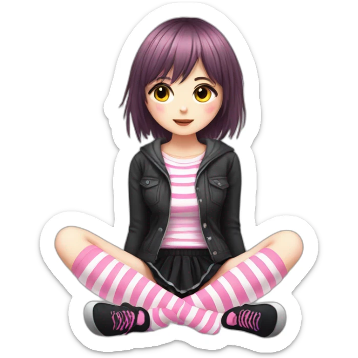 full body Front view emo girl sits on the floor black skirt pink knickers long striped socks sticker