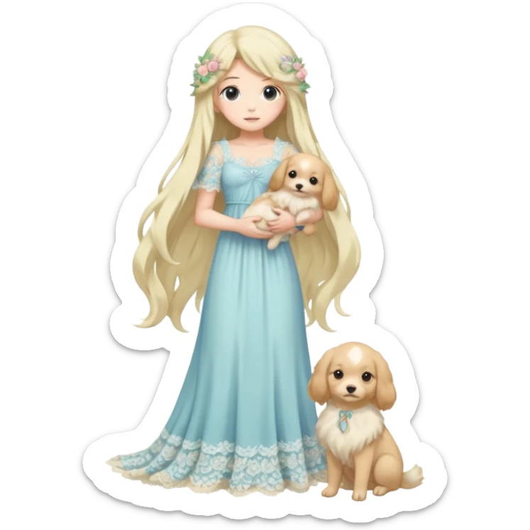 Pastel anime lady long hair with long lace dress full body holding puppy sticker