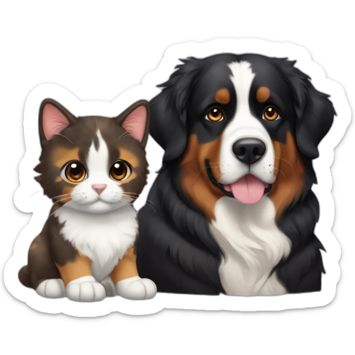 A Bernese dog next to A black and brown tortoiseshell cat with no white fur sticker