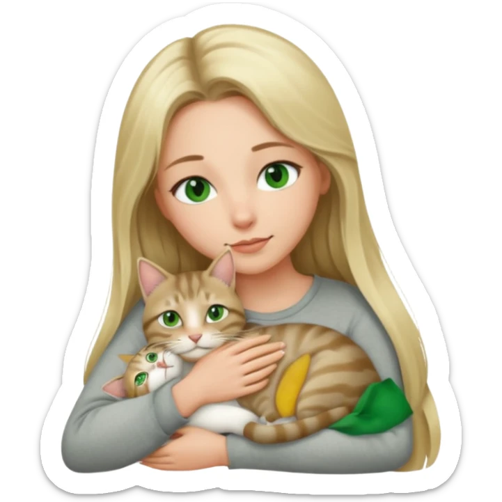 Long blonde hair green eyes woman snuggling gray tabby cat sticker