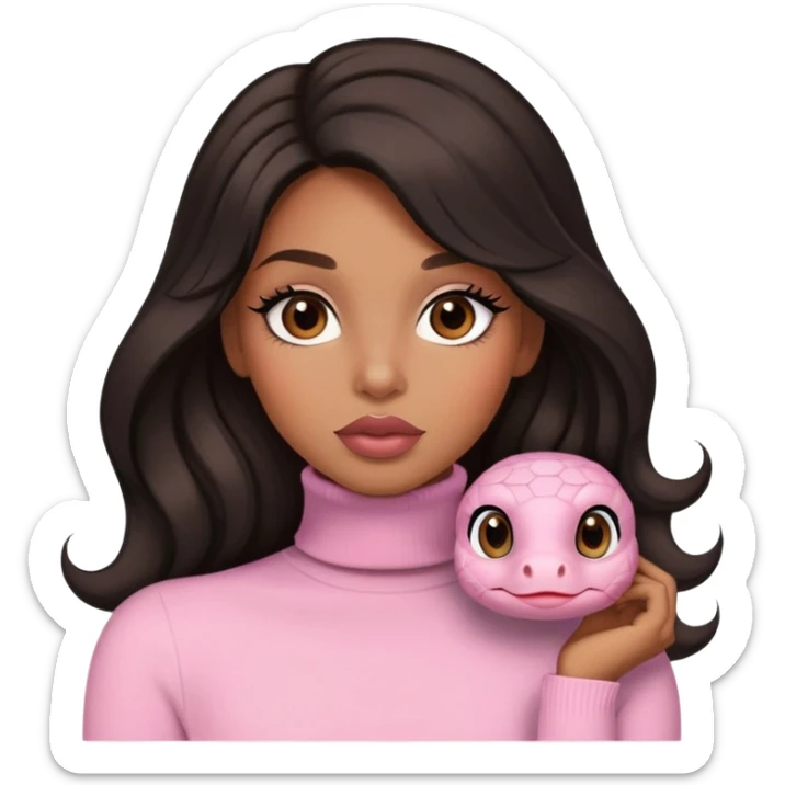 light brown skin tone, very beautiful woman, with big plump lips, long long lashes, black wavy long hair, brown eyes, light pink turtle neck sticker