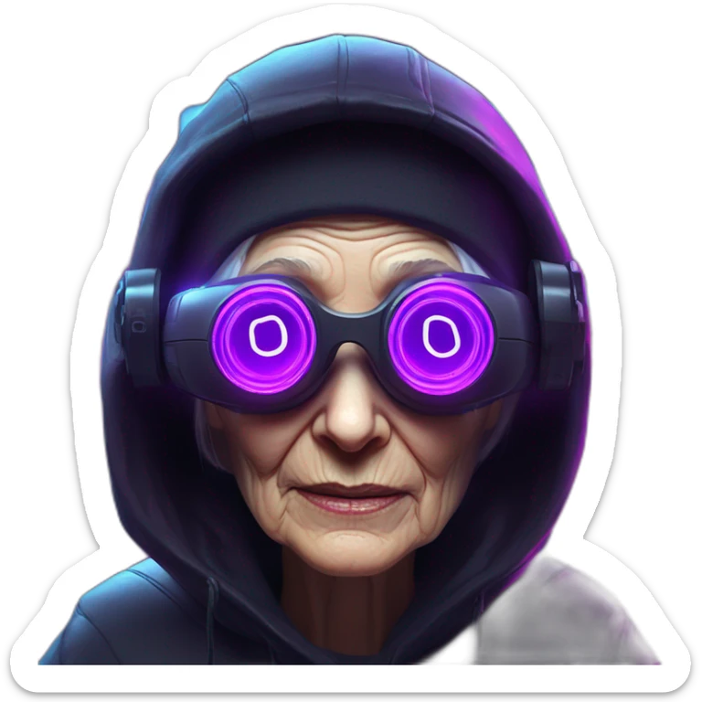 Russian old woman wearing a black hoodie with "OMG" letters on it and VR headset in a cyberpunk VR environment with violet neon lighting. sticker