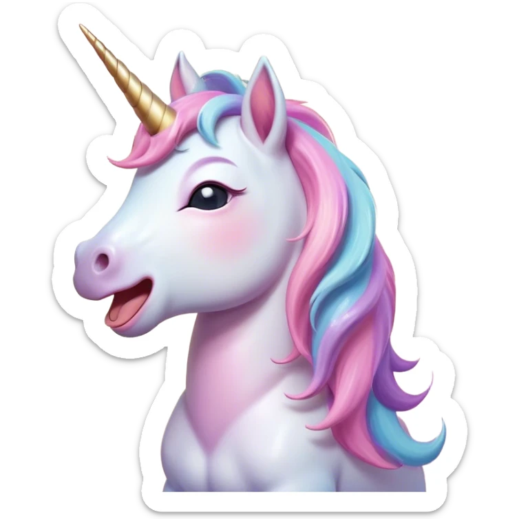Cinematic Cute Yawning Unicorn Pony Portrait Emoji, Head tilted slightly with a dramatic, wide-open yawn, showcasing a petite, softly glowing form with a gently drooping mane, a subtle, shimmering horn and sleepy, half-closed eyes, Simplified yet irresistibly adorable features, highly detailed, glowing with a soft, cozy pastel glow, high shine, relaxed yet expressive, stylized with a dash of whimsical enchantment, soft glowing outline, capturing the essence of a drowsy yet affectionate unicorn pony that appears ready to stretch and yawn its way off the screen! sticker