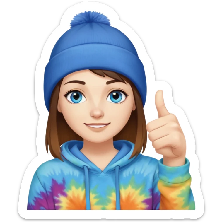 White woman with short brown straight hair and blue eyes with long eyelashes and tiedye hoodie. i would like for her to be doing a thumbs up with one hand and be wearing a black beanie sticker