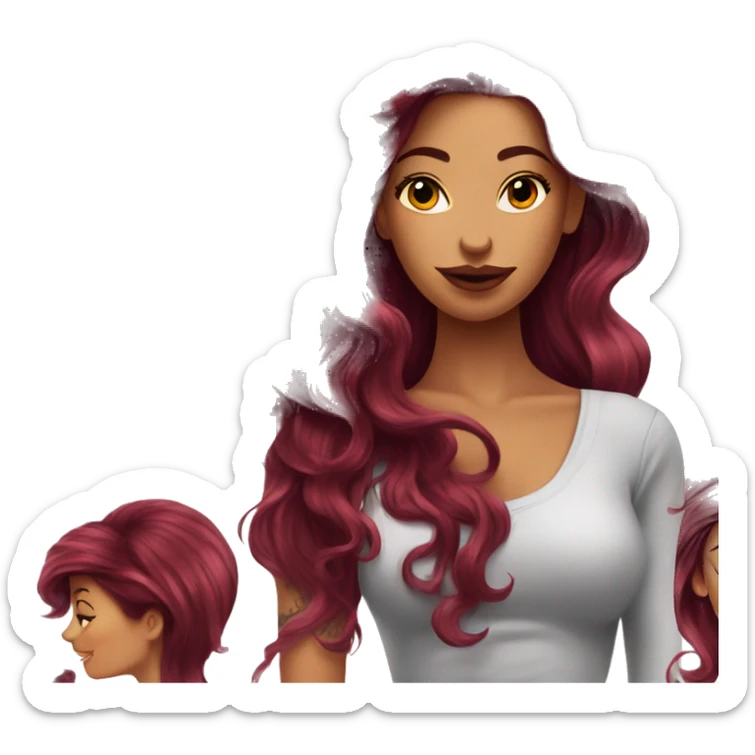 Beautiful tattooed  burgundy long haired woman blow drying her hair sticker