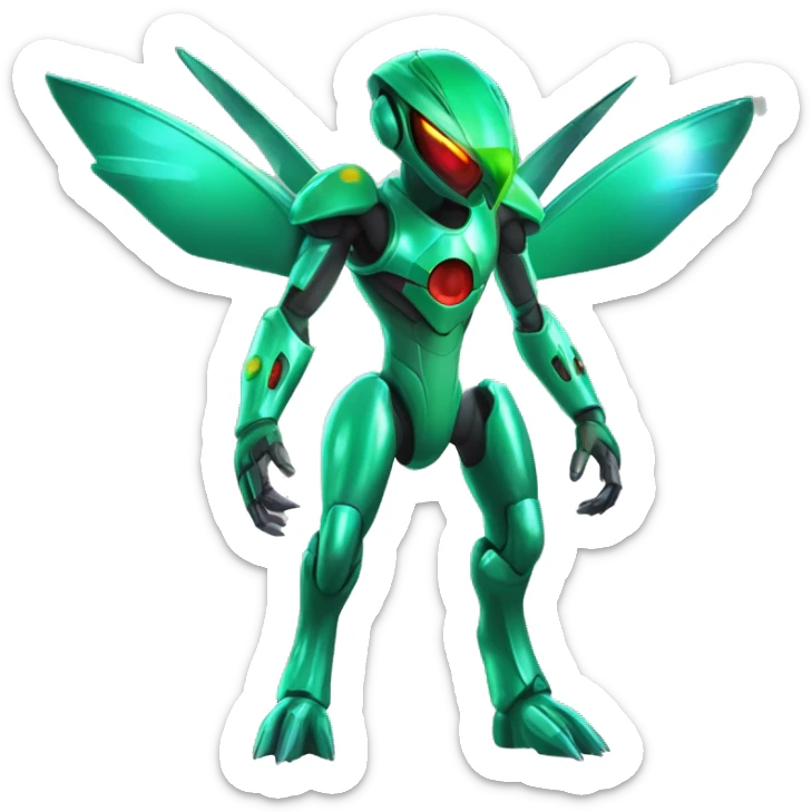 a shiny metallic Genesect-Flygon-Raptor-Fakémon-Medabot-hybrid with a futuristic visor-helmet full body sticker