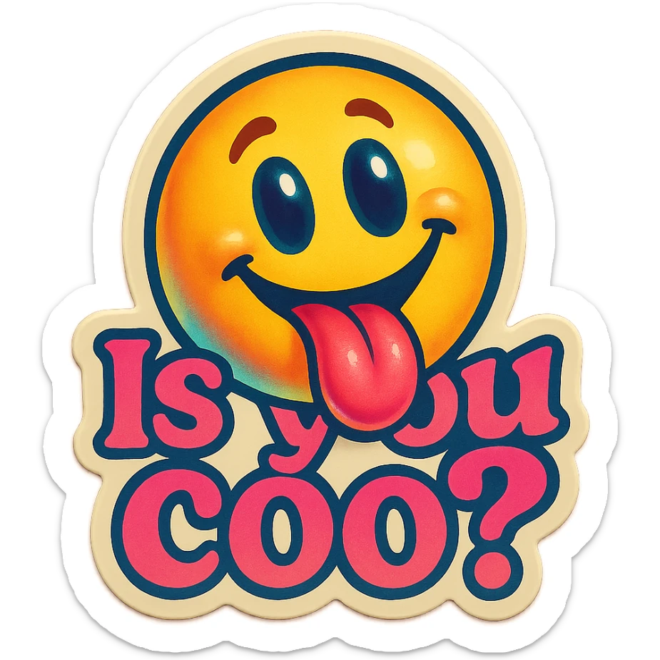 smiling with tongue sticking out
add the words  Is you coo? in pink sticker
