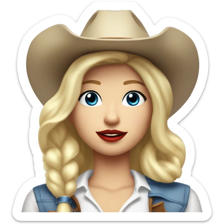 cowgirl with a white cowgirl hat and white scarf and blonde blowout BOB hair with red lipstick and BLUE EYES and a dimple and a white top sticker