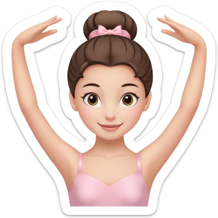 Pink Suit – Cheerful
 Smiling ballerina in pastel pink leotard, tidy high bun, bright happy eyes.















































 sticker