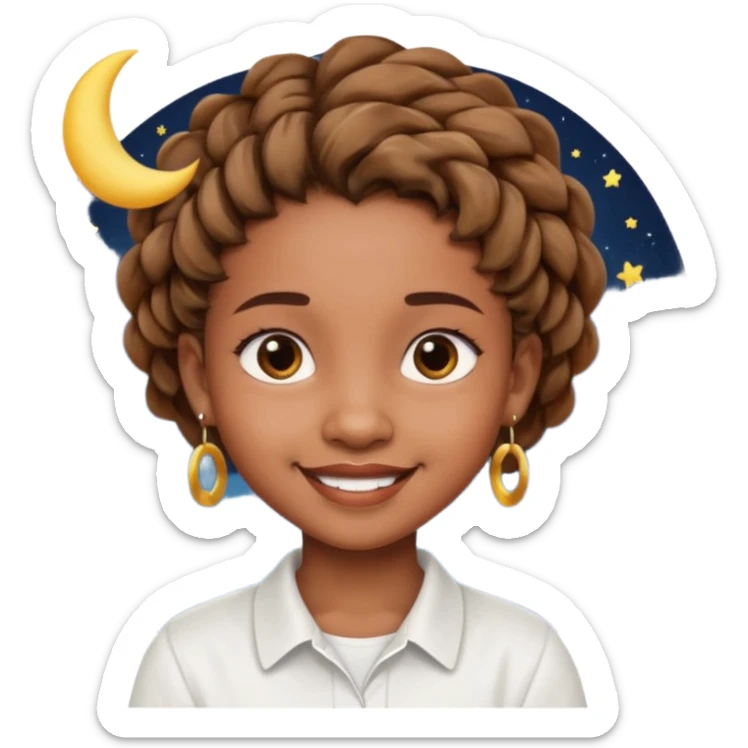 a brown skin ten year old girl with short twists  and moon earrings sticker
