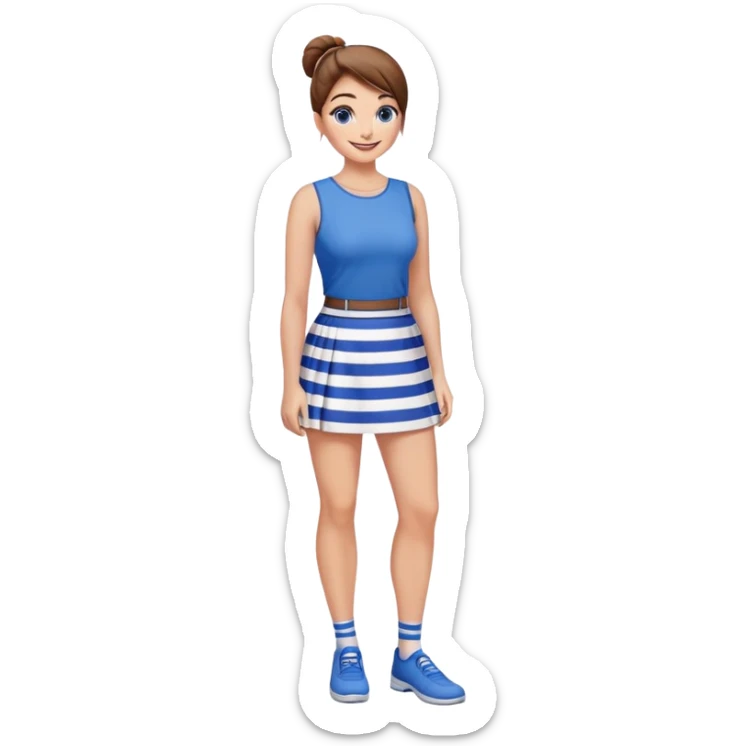 smiling girl Pretty 50-year-old woman with 1 miniskirt that is blue and white striped brown hair in bun blue eyes and pretty legs sticker