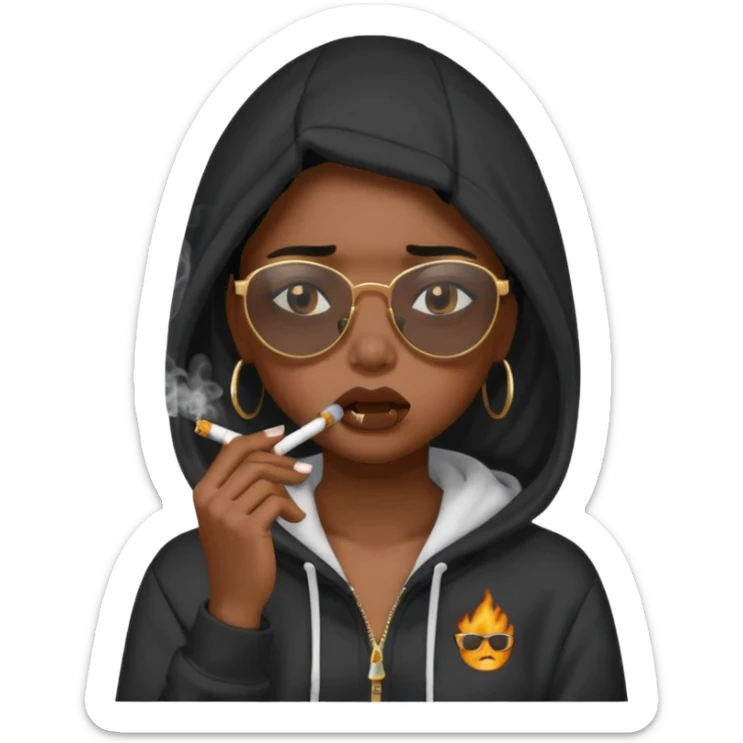 melanin girl crying and smoking with a hoodie on and shades  sticker