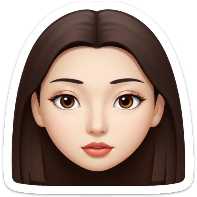 Una chica con piel muy clarita con pelo liso largo de color castaño y unos ojos marrones oscuro y labios grandes y nariz bonita y con unas pestañas que parezca asiatica que tenga las cejas un poquito mas juntas sticker