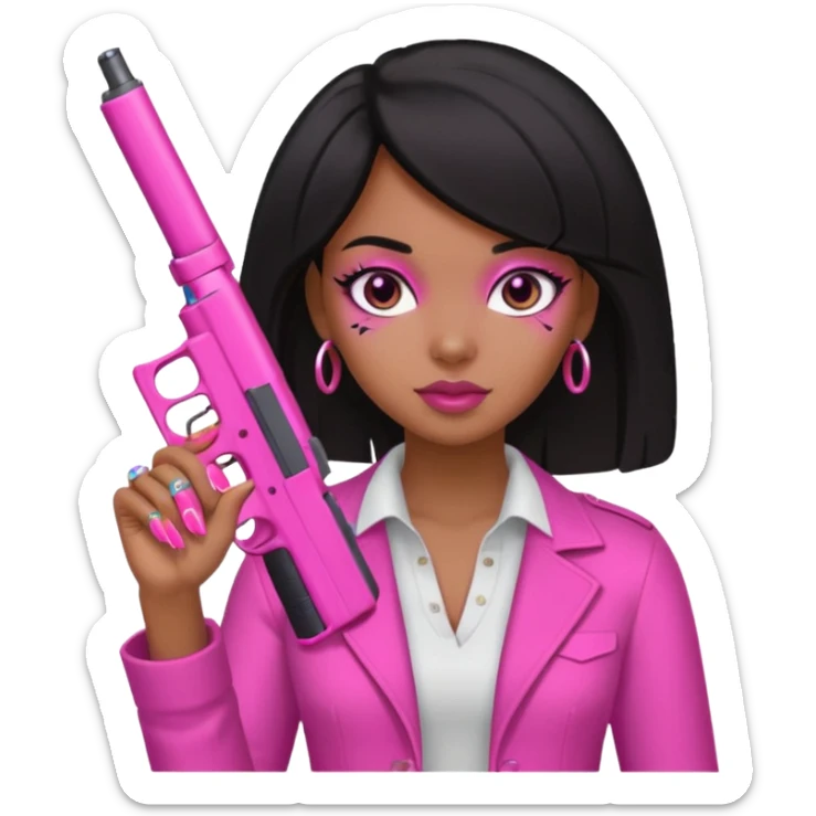 Black Girl hand pink nails holding pink gun with black eyes sticker