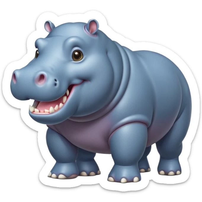 cinematic-hippo-realistic-full-body-side-view-standing-on-all-fours-emoji,-massive-round-frame,-wide-mouthed-grin-exposing-huge-teeth,-head-tilted-dramatically,-thick-greyish blue-hide-glossy, big cute eyes sticker