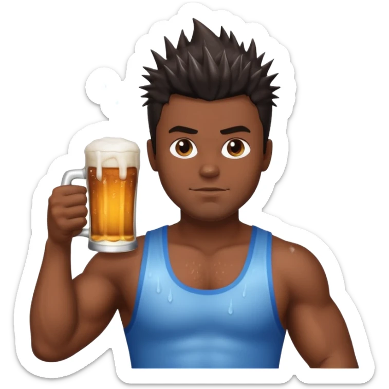 muscled guy in yoga pose, slightly dark skin, spiky dark hair, holding beer sticker