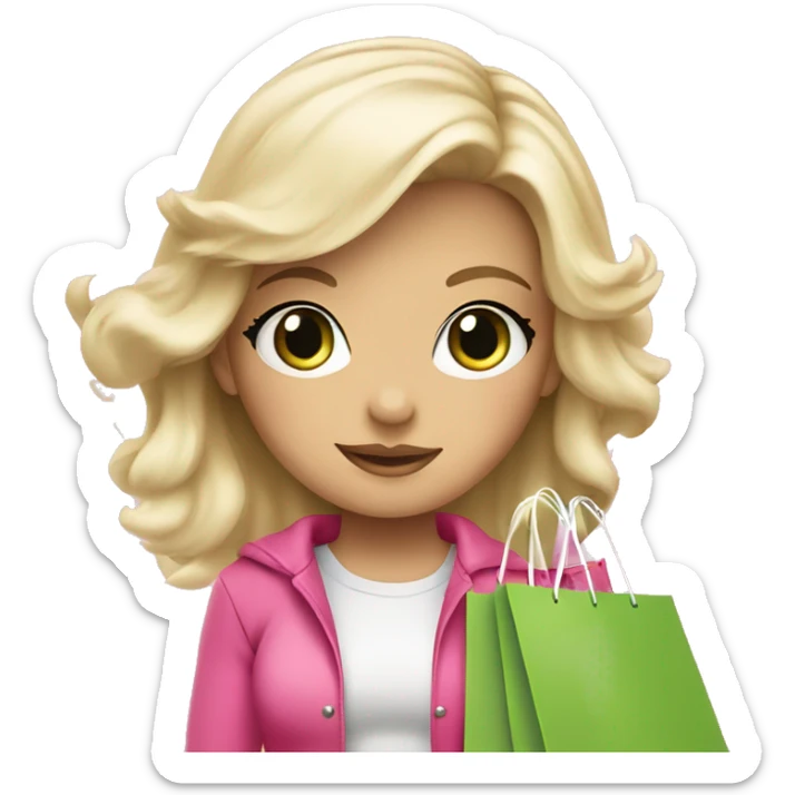 cute platinum blonde with green eyes wearing pink surrounded by pink shopping bags sticker