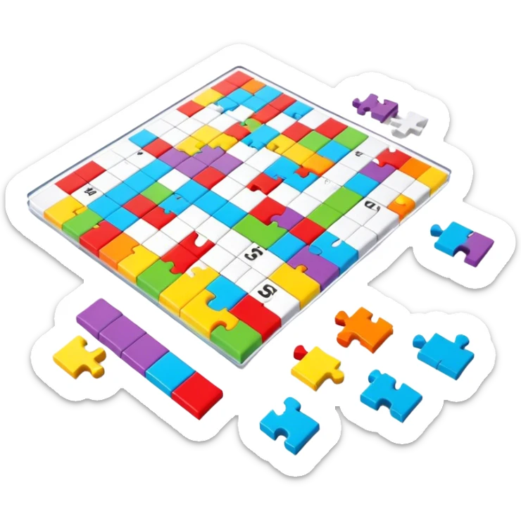 A photorealistic icon with a colorful, fragmented crossword magazine, a 3D puzzle, and a partially completed puzzle on a table. Bright, detailed design with realistic lighting. Transparent background, clearly symbolizing puzzles and brain games. sticker