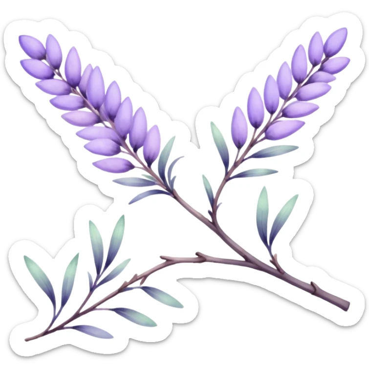 The art style is clean line art with delicate watercolor textures, pastel colors, and a dominant palette of lavender, soft lilac, and muted purple. Let the branch be more elongated and one sticker