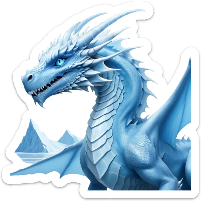Cinematic Noble wise elegant Ice Dragon Portrait Emoji, Poised and imposing, distinct long elegant snout, with a slender, scaled body shimmering in glacial hues of icy blue, frostbitten silver, and crystalline white, breathing out frost, with piercing, glowing ice blue white eyes that radiate the chilling depths of an arctic storm; rendered in detail. Breathing out a frost mist sticker