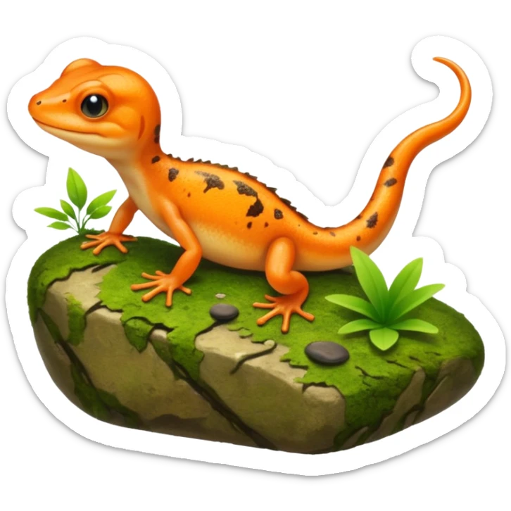 A small orange-brown newt on a mossy rock near a pond. Realistic lighting, visible tail, green plants and soft sunlight, detailed wildlife photo. sticker